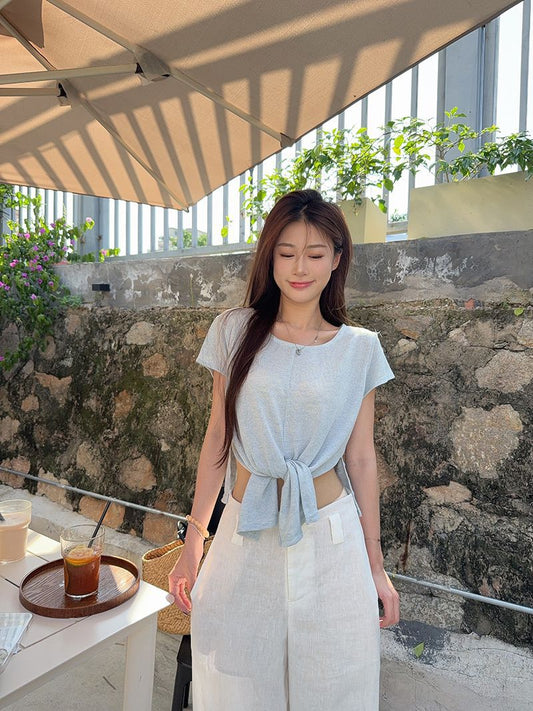 round neck t shirts for women with waist knot