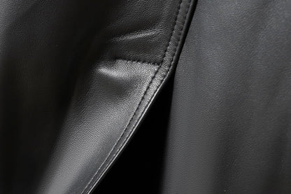 Women Leather Trench Coat Double-Breasted Long Belted