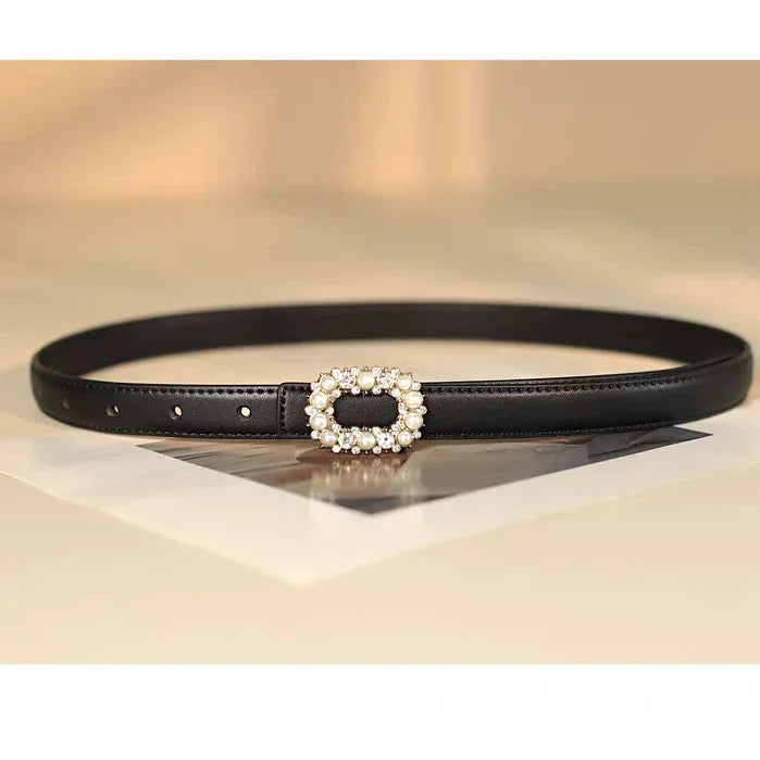 Women Pearl Buckle Split Cowhide Thin Leather Belt