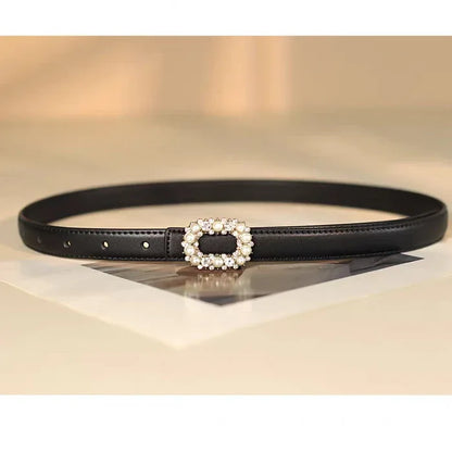 Women Pearl Buckle Split Cowhide Thin Leather Belt