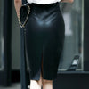 Women's Black High Waist PU Leather Slit Pencil Skirt