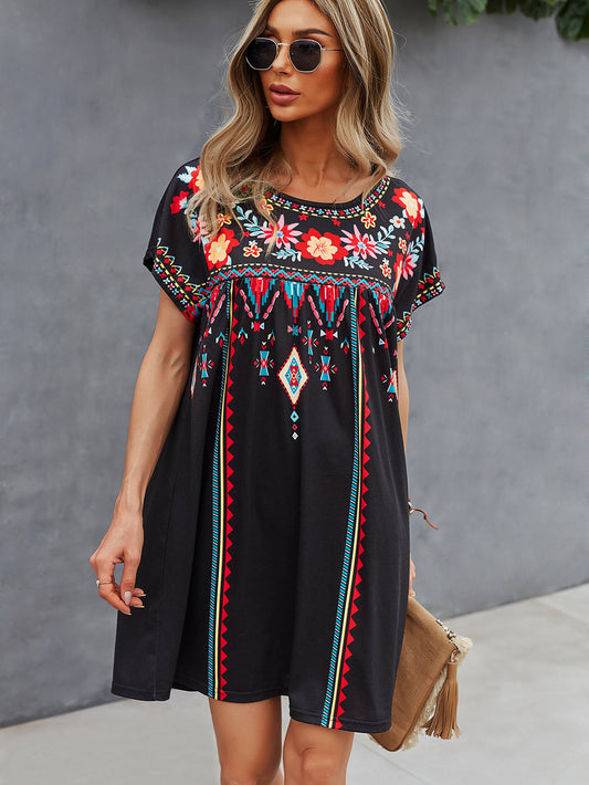 Boho Embroidered Black Babydoll Mini Dress