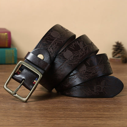 Men’s Engraved Leather Belt with Top-Grain Cowhide and Brass Buckle