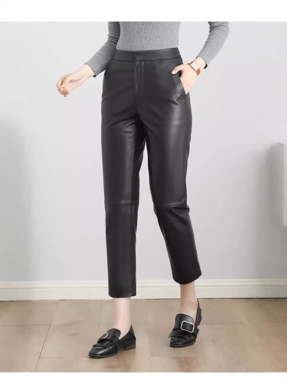 Women’s High Waisted Black Cropped Leather Pants