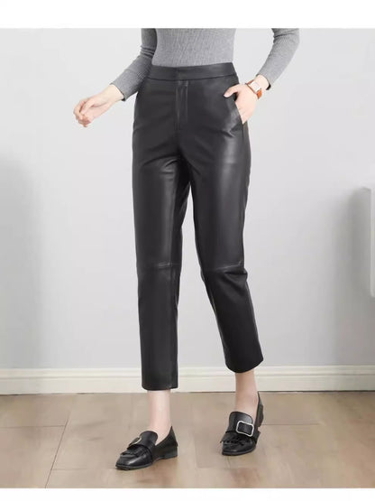 Women’s High Waisted Black Cropped Leather Pants