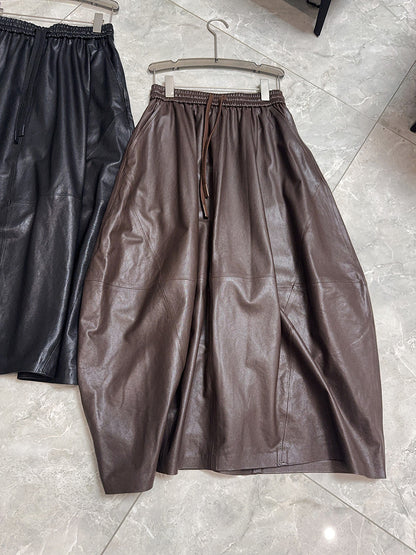 Women’s Leather Maxi Skirt Drawstring Long Skirt