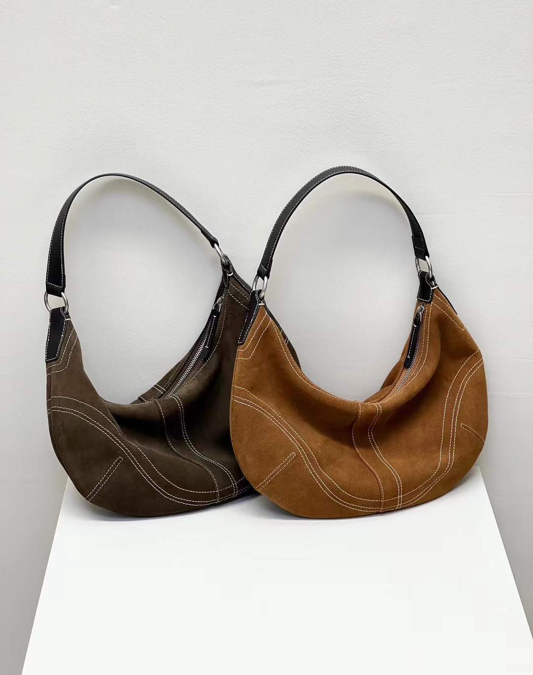 Suede Leather Underarm Crescent Shoulder Bag