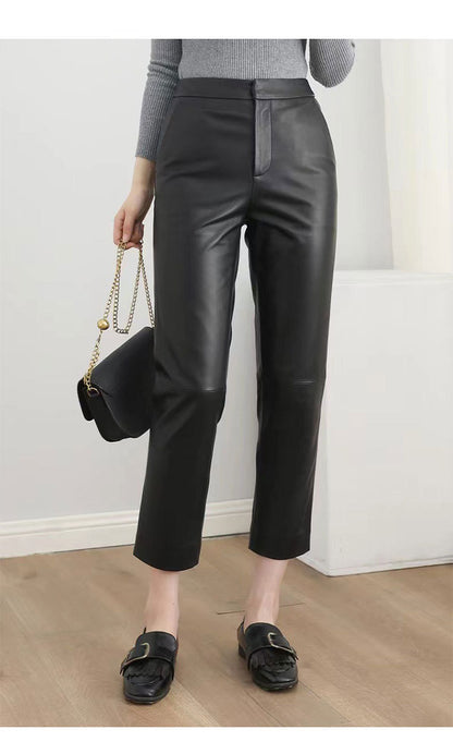 Women’s High Waisted Black Cropped Leather Pants