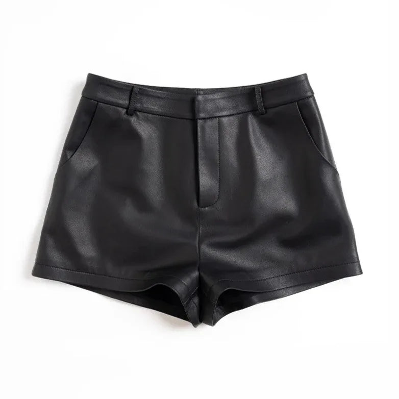 Genuine sheepskin black leather hot shorts
