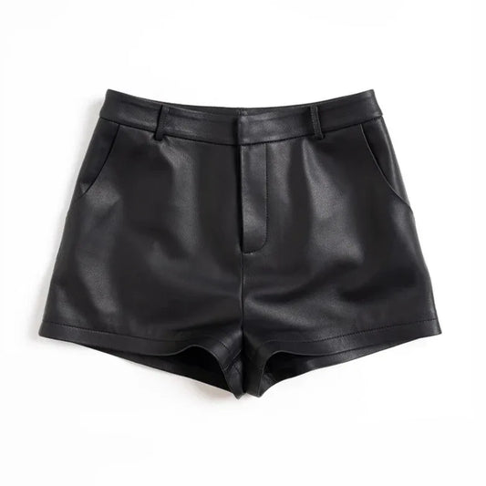 Genuine sheepskin black leather hot shorts