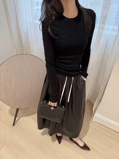 Women’s Leather Maxi Skirt Drawstring Long Skirt
