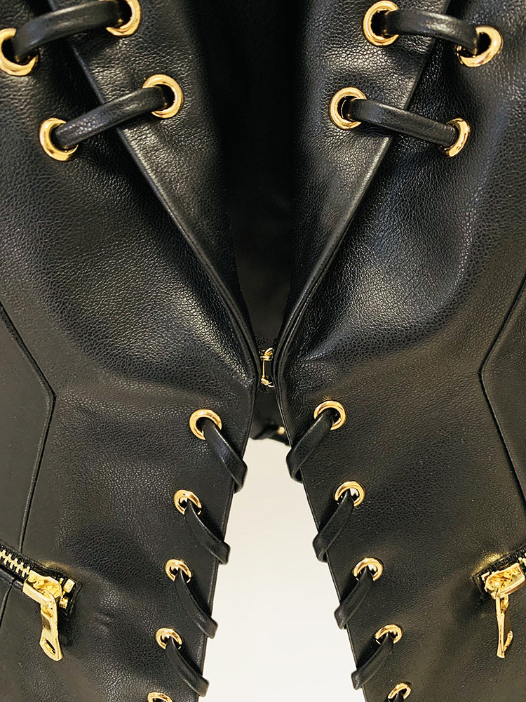 Women slim fit lace up faux leather jacket