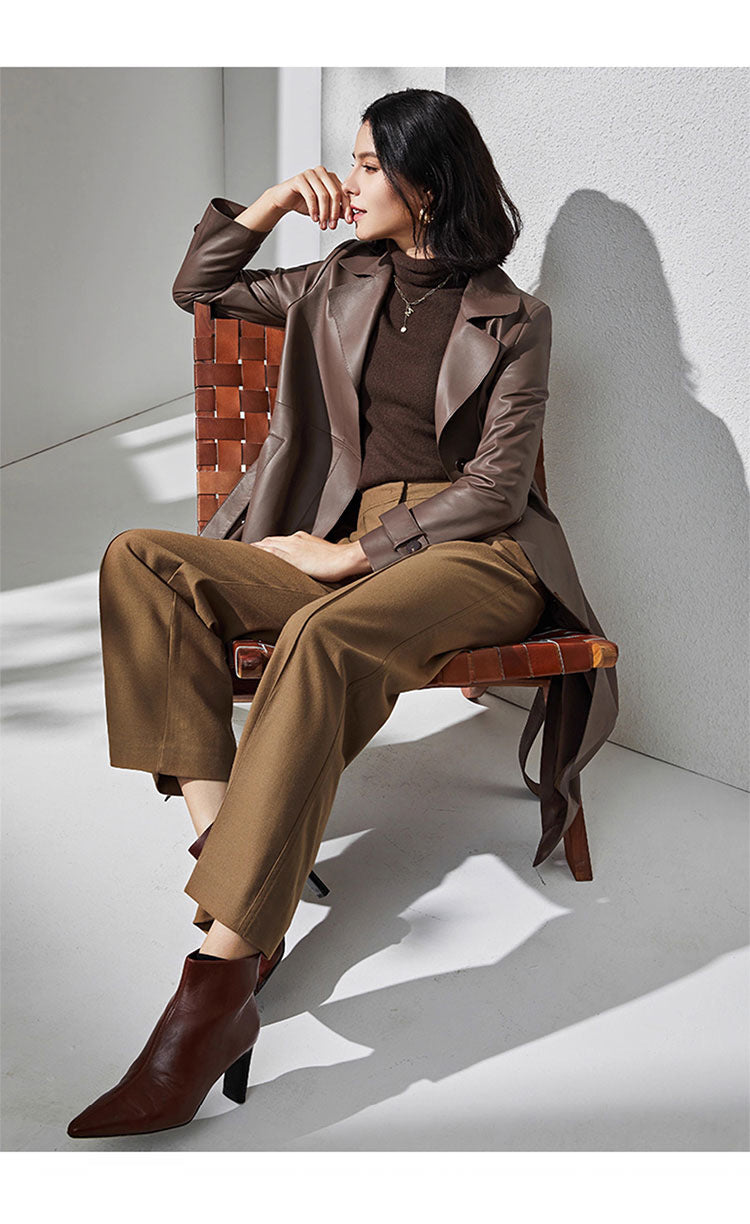 Women Brown Sheepskin Leather Trench Coat with Tie Waist