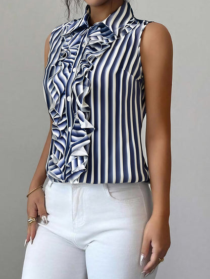 Blue white striped ruffle sleeveless shirt