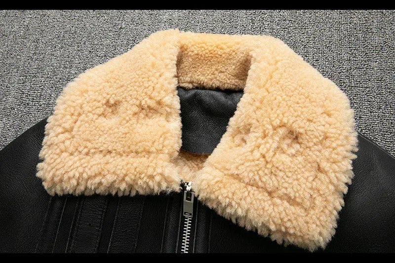 Men Real Sheepskin Shearling Aviator Jacket Winter Coat