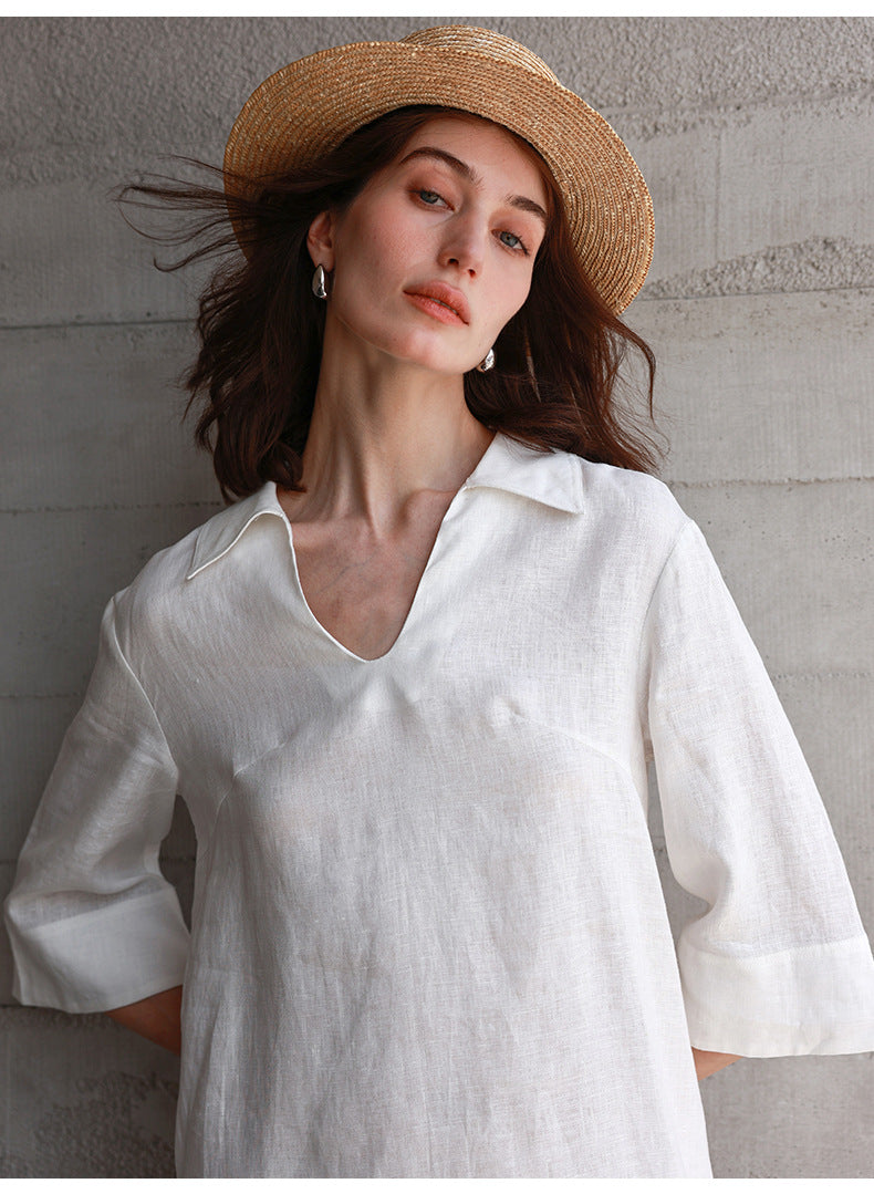White linen shirt dress v neck half sleeve summer casual