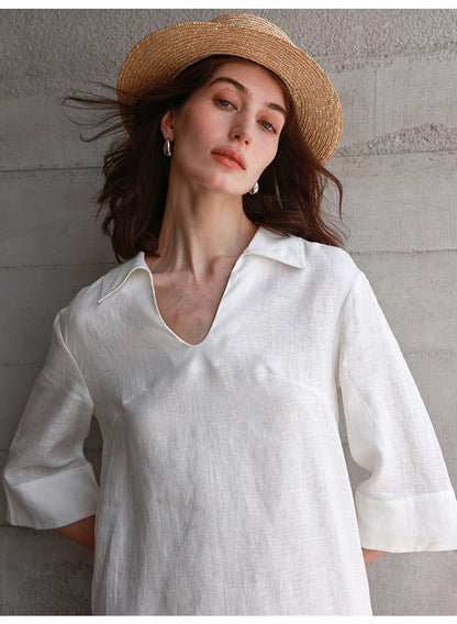 White linen shirt dress v neck half sleeve summer casual