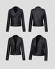 Black Faux Leather Moto Jacket with Zipper Pockets for Women