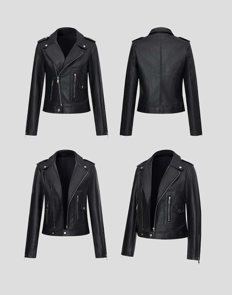 Black Faux Leather Moto Jacket with Zipper Pockets for Women