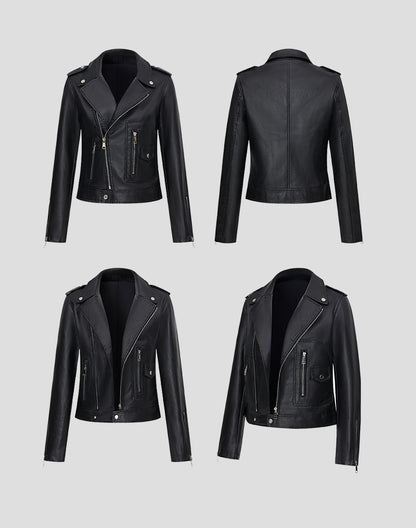 Black Faux Leather Moto Jacket with Zipper Pockets for Women