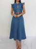 Women’s Denim Dress Midi Ruffled Shoulders