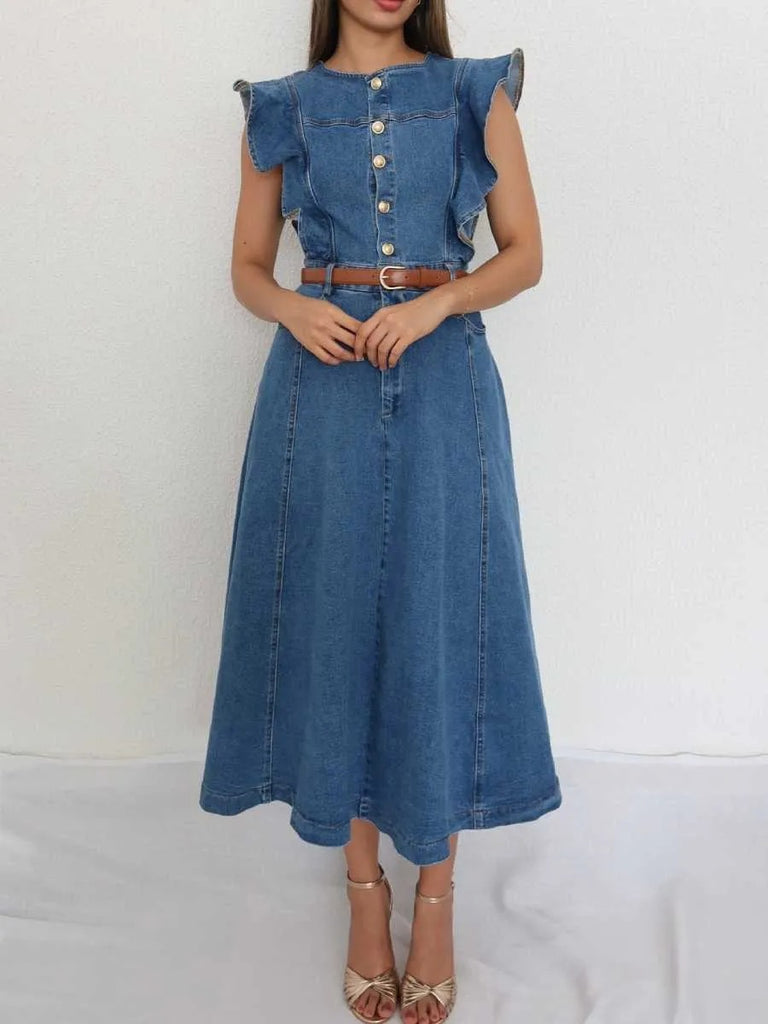 Women’s Denim Dress Midi Ruffled Shoulders