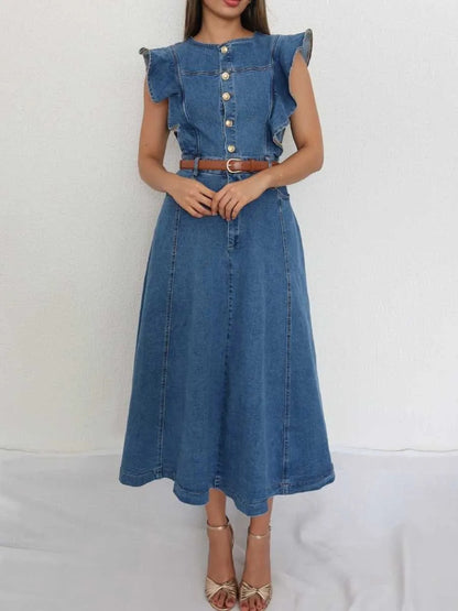 Women’s Denim Dress Midi Ruffled Shoulders