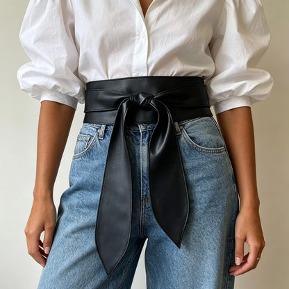 Women’s Wide Faux Leather Bow Tie Waist Belt