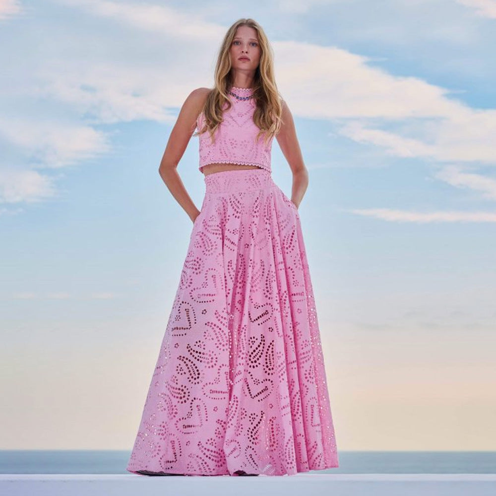 Women’s Lace Embroidered Hollow Two-Piece Midi Skirt Set