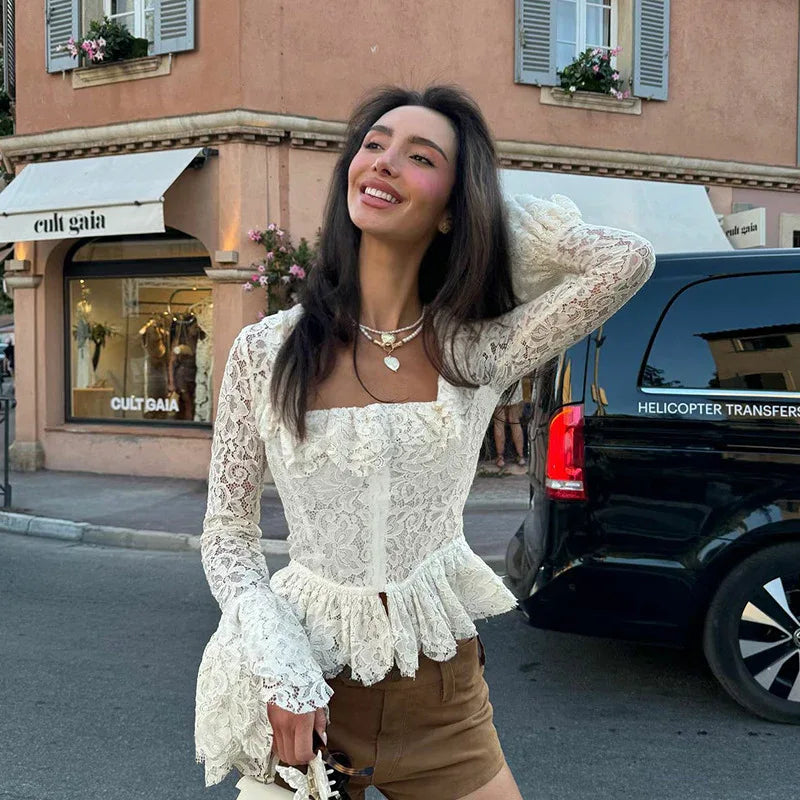 retro lace square-neck long sleeve top