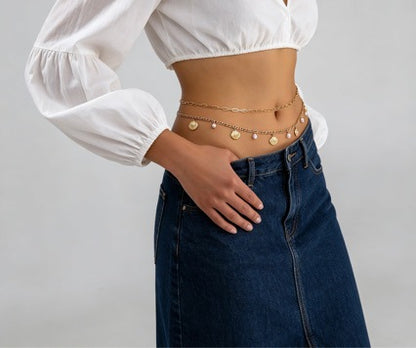 Gold Waist Chain with Shell Charms and Pearl Layers