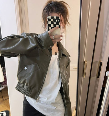 Women’s Green Faux Leather Cropped Jacket