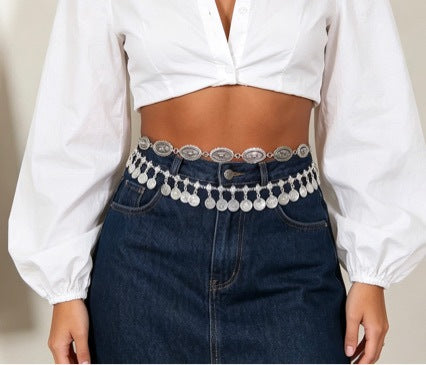 Waist Chain with Antique Silver Coin Tassels for Women