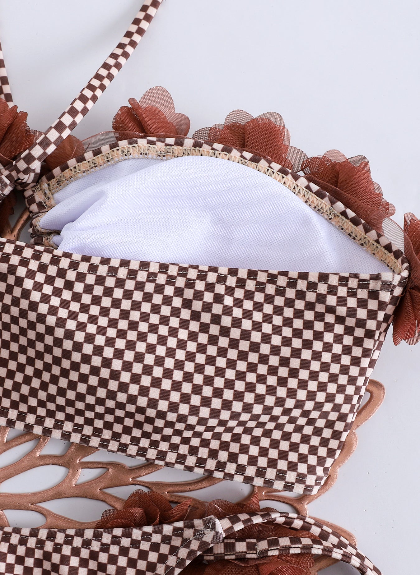 Brown Checkered Two Piece Bikini Set with Floral Appliqués