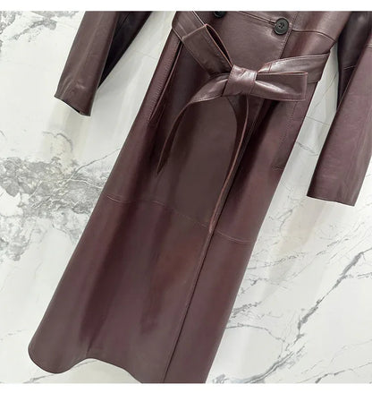 Women sheepskin leather trench coat long belt - Boho Living Room