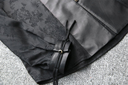 Leather Top for Women with Jacquard Sleeves and Mandarin Collar
