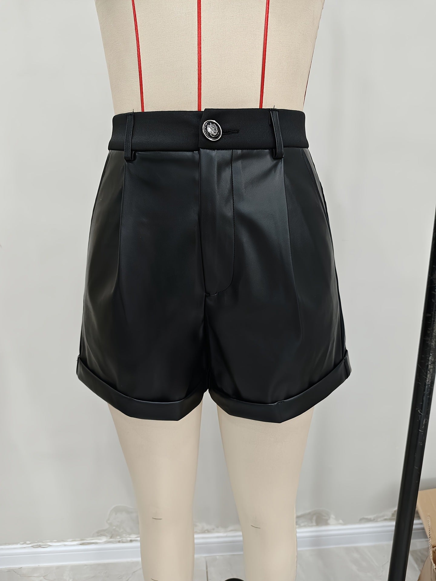 Black Faux Leather High Waisted Shorts for Women with Folded Hem