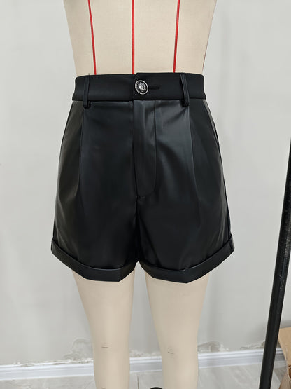 Black Faux Leather High Waisted Shorts for Women with Folded Hem