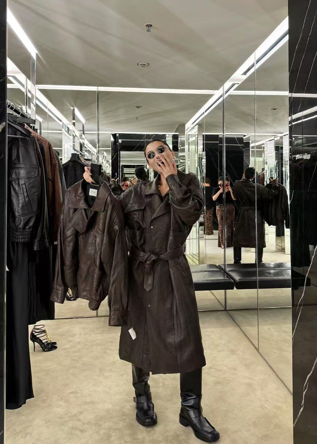 Women Brown Genuine Leather Trench Coat Retro Motorcycle