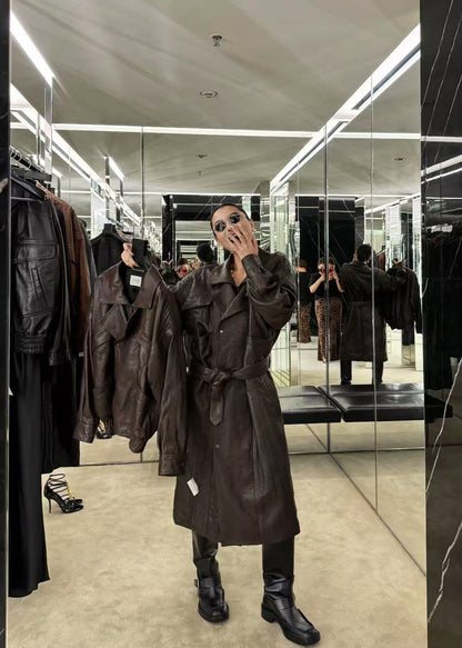 Women Brown Genuine Leather Trench Coat Retro Motorcycle