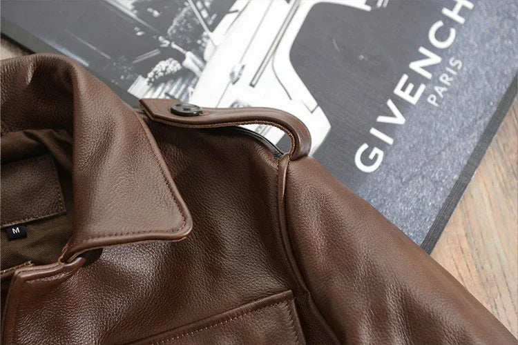 Men Brown Military Cowhide Leather Jacket