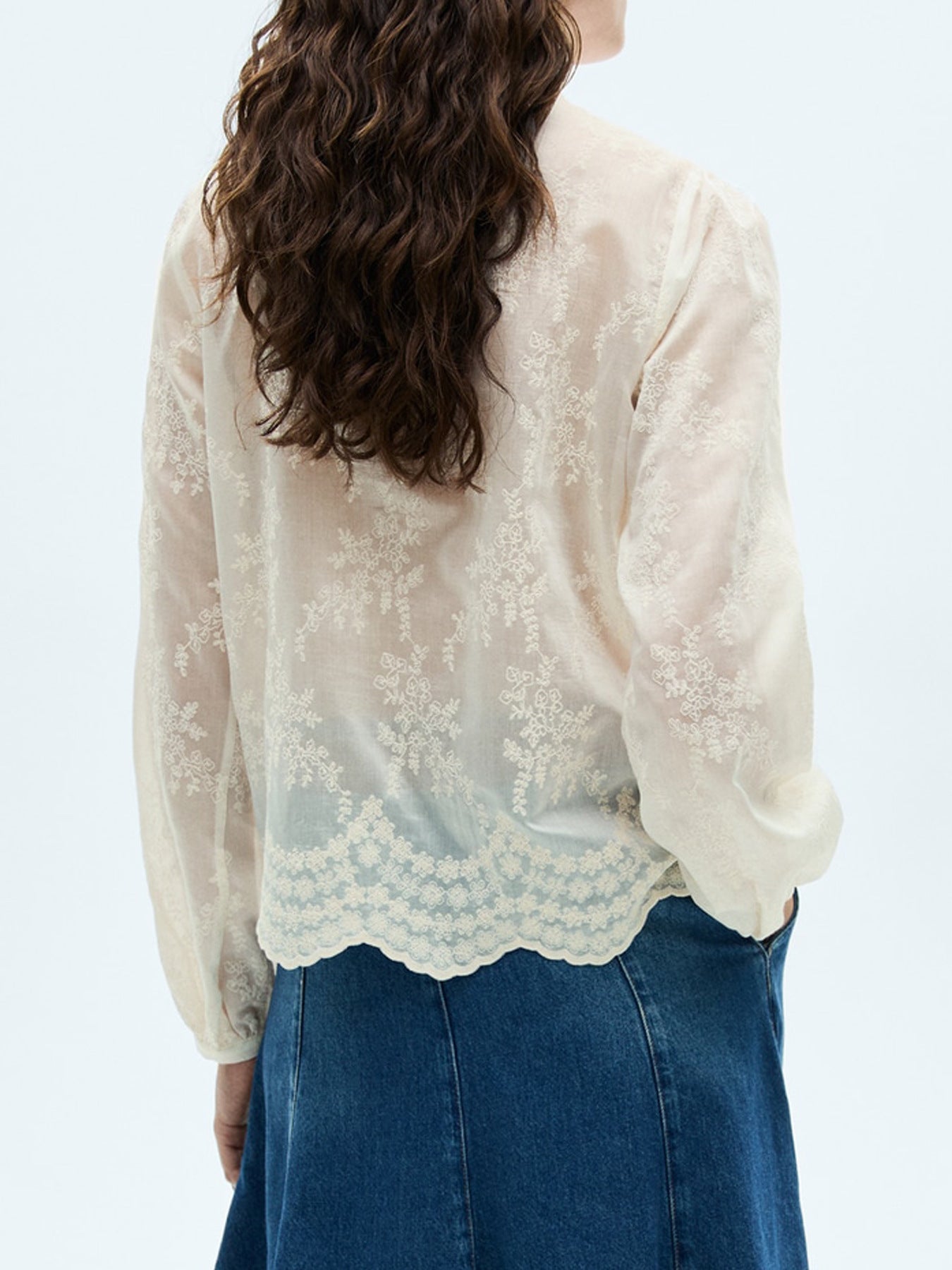 Plain Lace Spliced Puff Sleeve Blouse