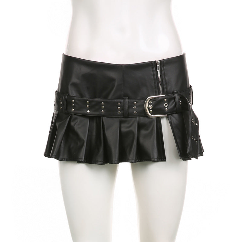 Imitation Leather Belted Mini Skirt