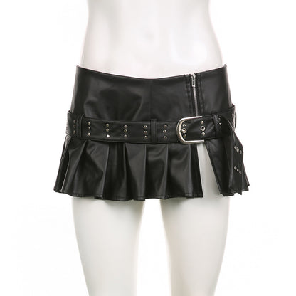 Imitation Leather Belted Mini Skirt