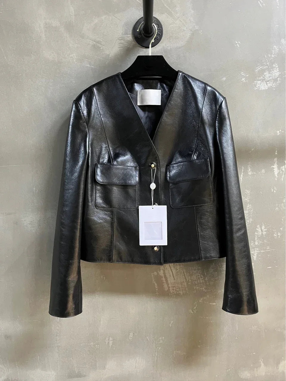 Black Leather Bomber V Neck Jacket Women