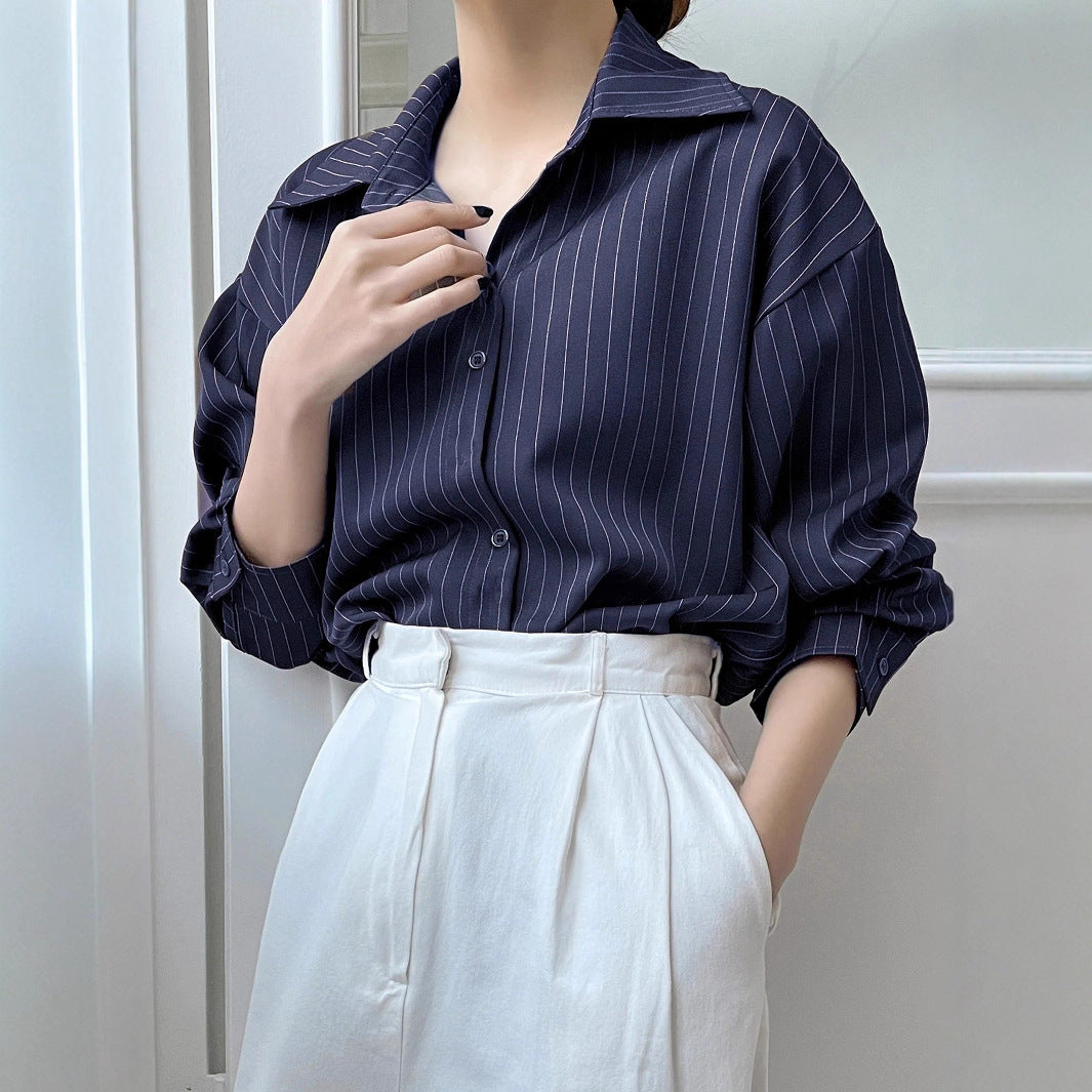 Cotton Striped Print Shoulder Shirt Blouse