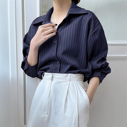 Cotton Striped Print Shoulder Shirt Blouse