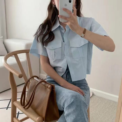 Women Front Pocket Crop Shirts