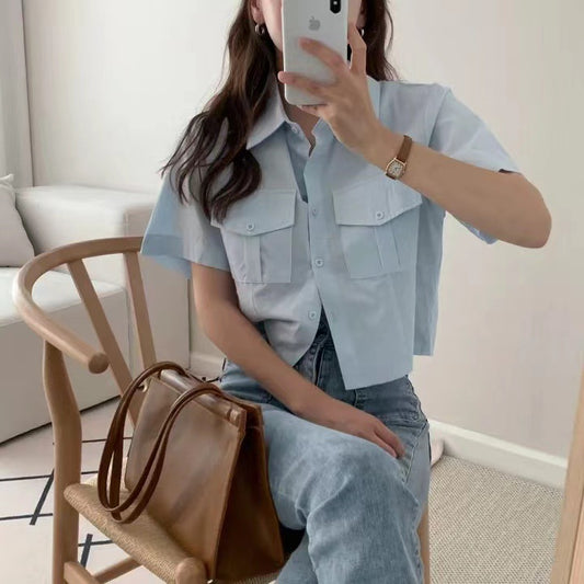Women Front Pocket Crop Shirts