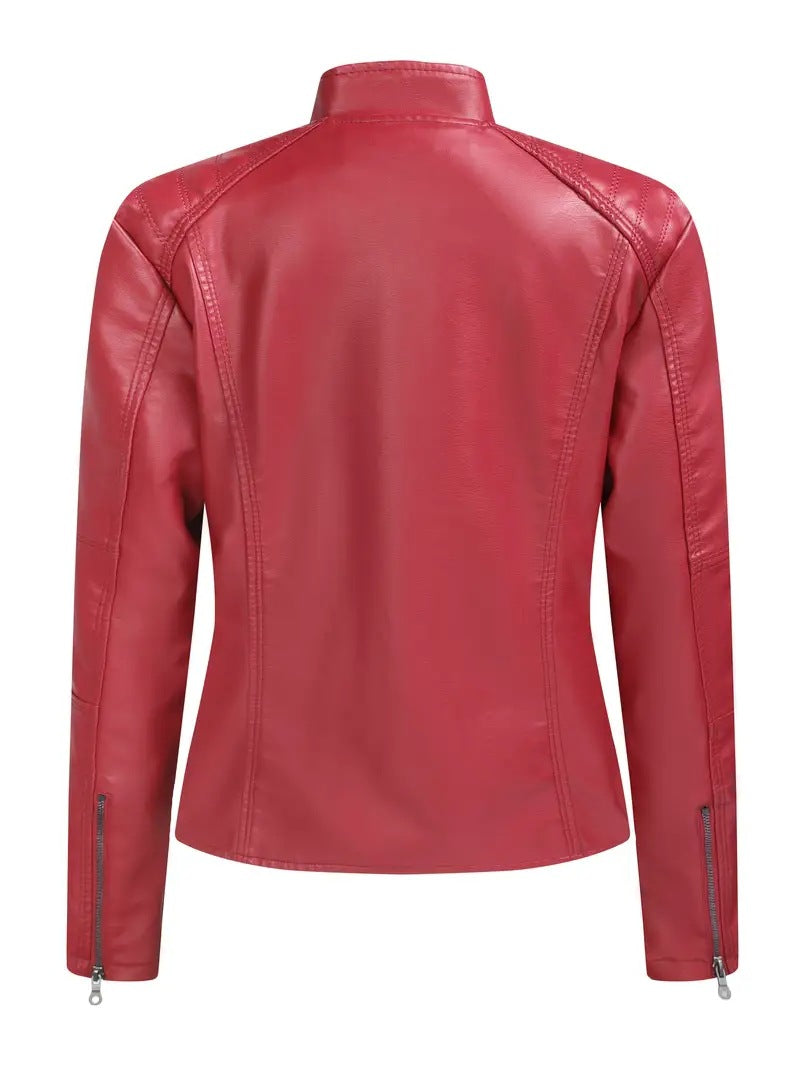 Red Faux Leather Jacket for Women Imitation Biker Leather Coat